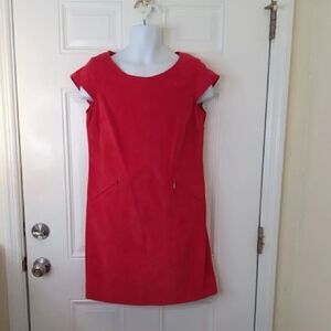 Sharagano red cap sleeve corduroy Sheath Dress with zippered front pockets